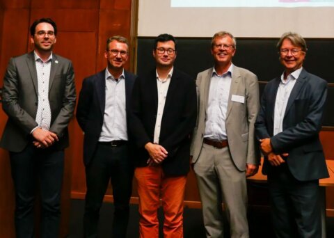 ©Mathieu Cremoux 28 août 2025. Lancement de la chairefranco-allemande GENIUS, portée conjointement par Arts et Métiers et le Karlsruhe Institute of Technology (KIT) lors d’un séminaire franco-allemand sur l’économie circulaire organisé sur le campus Arts et Métiers de Bordeaux- Talence. De g.à d. : Paul Stief (Arts et Métiers de Metz), Udo Thelen (Université Franco-Allemande), Jean-Rémy Chardonnet (Arts et Métiers de Chalon-sur-Saône), Volker Schulze (KIT) Ivan Iordanoff (Arts et Métiers de Paris).